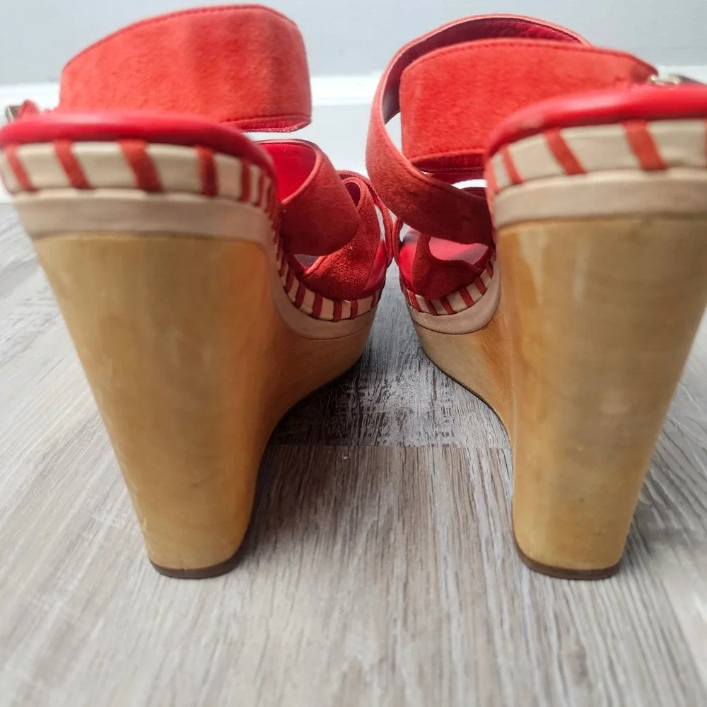 VC Signature Lene Wedge Sandals Women 8.5 Red Suede Wood Platform 70s Boho